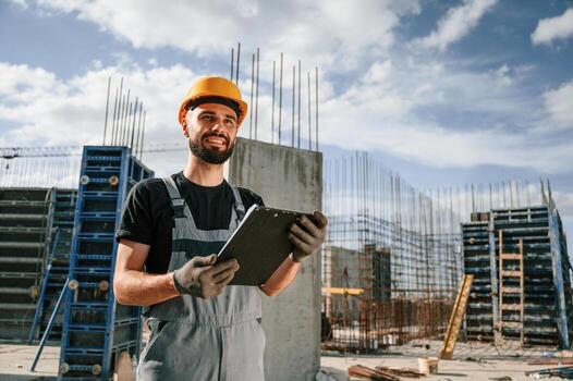 Control of the process.. Foreman is with documents. Man in uniform is working on the construction site photo