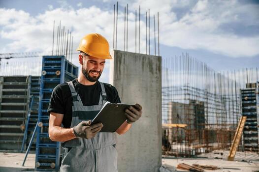 Control, of the process. Foreman is with documents. Man in uniform is working on the construction site photo