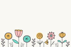 Banner with different Spring or Summer abstract Flowers for text. Hand drawn Background with blooming plants for web, print, paper, card. Design border for seasons, holidays, invitation vector