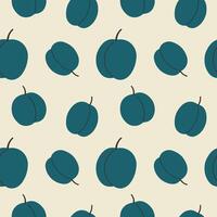 Seamless pattern with Plum in flat style. Repeating background with oval fleshy fruits blue berry for wrapping, label, sign, card, textile, template, print, paper. Fruity harvest, food, orchard vector