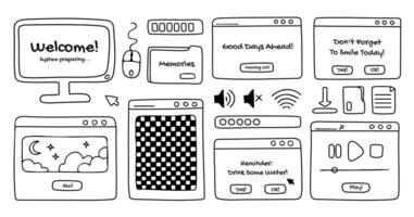 Computer windows and open dialog frames doodles, screen, folders and other pc user interface signs and symbols. Graphic design elements, hand drawn, black outline. vector