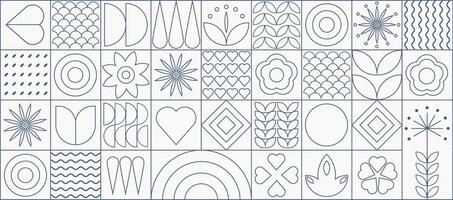Geometric line art banner with geometric shapes and figures. Retro banner with forms and flowers in outline style. illustration. vector