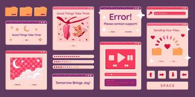 Glossy cute computer windows and screens with text, messages and other user interface elements. Technology stickers. design element set. vector