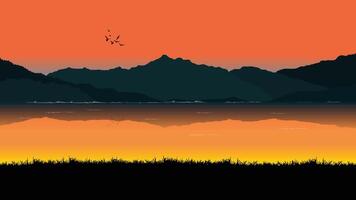 graphics drawing of a serene landscape view outdoor after of sunset with grass on the ground for wallpaper background vector