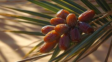 Branch dates clusters of small oval shaped fruits surrounded palm fronds sunlight casting shadows the smooth surface of the fruit close up with sharp focus on the texture defocused desert background photo
