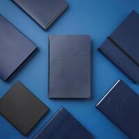 A notebook with blue cover and black pages photo