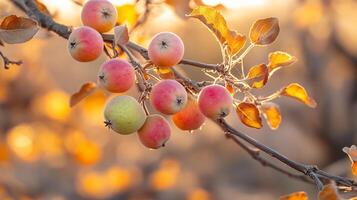 Branch with desert rose apples small round fruits with pink and green hues surrounded by dry desert leaves sunlight enhancing the color of the fruit close up focus on the texture defocused background photo
