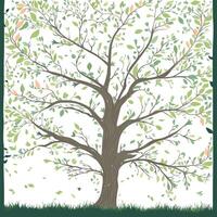 Stylized beautiful tree with lgreen leaves, grass and frame, white background illustration vector