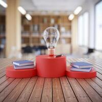 Light bulb on pedestal with books and a book on top photo