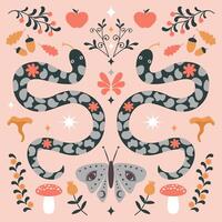 Symmetrical ornament with snakes and flowers, scandinavian autumn pattern and summer season illustration vector