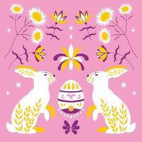 Decorative Easter Rabbits and Egg in Folk Art Style. Easter Greeting Card, decorative illustration featuring two symmetrical Easter rabbits in a folk art style, adorned with intricate floral patterns vector