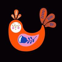 Ethnic bird with ornamental patterns and flowers, illustration. Scandinavian style greeting card or invitation vector