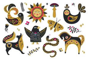 Folk art set with animals, birds and sun in scandinavian style, russian style. Scandinavian set of birds, sun, snake, fox, horse, moth and mushroom on white background vector