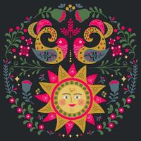 Scandinavian folk art with Sun, Birds and flowers, symmetrical illustration. Symmetrical ornament with sun and birds with different folk composions on black background vector