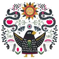 Scandinavian folk art Crow, Snakes and Sun symmetrical illustration. Symmetrical ornament with birds, snakes, sun with different folk composions on white background vector