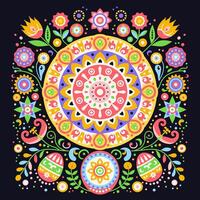 Scandinavian folk art with Easter Eggs, Sun and Flowers, symmetrical illustration. Different colorful folk ornaments on black background vector