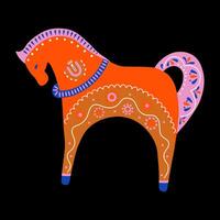 Red retro horse in folk style with ornamental patterns and flowers Illustration. Scandinavian, slavic style greeting card or invitation vector