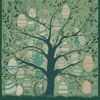 Easter egg ornaments hanging on tree, illustration, Beautiful garden tree decorated with Easter eggs in different colors and patterns vector