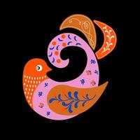 Cute colorful bird with folk ornaments. Ethnic bird with ornamental patterns and flowers, Illustration. Scandinavian style greeting card or invitation vector
