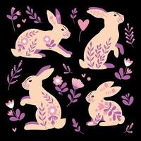Floral Folk Art Rabbits on Black Background. A decorative illustration featuring stylized rabbits adorned with intricate floral patterns in a folk art style vector
