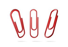 3D set of red paper clips isolated on white. Render collection of paperclip icons. Tools for education and work. Stationery and office supply. vector