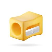 3D plastic pencil sharpener isolated on white. Render yellow sharpener tool icon. Office supply stationery vector