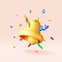 3d golden bell in confetti isolated. Render bell in color confetti explosion icon. Colorful firecracker elements in various shapes. Party, holiday surprise or birthday events vector