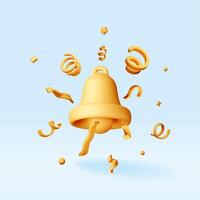 3d golden bell in confetti isolated. Render bell in yellow confetti explosion icon. Colorful firecracker elements in various shapes. Party, holiday surprise or birthday events. vector