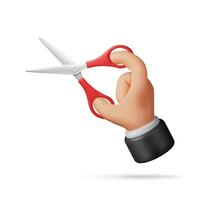 3D scissors with red plastic handles in hand isolated on white. Render metal scissors icon vector