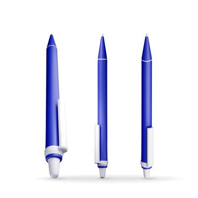 3D set of detailed classic ballpoint pen isolated on white. Render collection of blue pen with button. Office and school equipment, stationery.