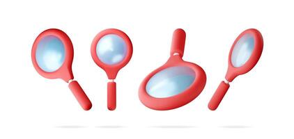 3D set of red magnifying glass isolated on white. Render collection of plastic cartoon zoom lens. Loupe tool icon. Discovery, analysis, research, investigation, search concept vector