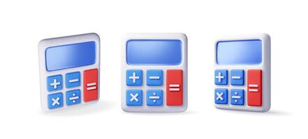 3D set of modern calculator isolated on white. Render mathematics icon. Addition, subtraction, multiplication and division buttons. Arithmetic operations. Financial math device vector