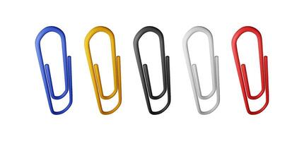 3D set of colored paper clips isolated on white. Render collection of paperclip icons. Tools for education and work. Stationery and office supply. vector