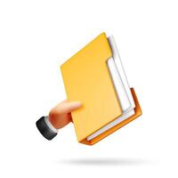 3D business folder full of papers in hand isolated on white. Render yellow folder for correspondence, file for paper documents. Open folder icon manila archive case or ring binder vector