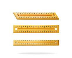 3D set of plastic measuring ruler isolated on white. Render collection of yellow ruler for education and work. Stationery and office supply. Engineering tool vector