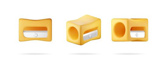 3D set of plastic pencil sharpener isolated on white. Render collection of yellow sharpener tool icon. Office supply stationery and education vector