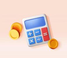 3D modern calculator with golden coins isolated. Mathematics icon. Financial math device with money. Counting budget and savings concept. Cash and taxes vector
