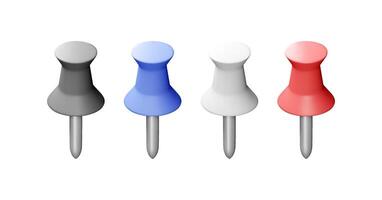 3D set of color push pins isolated on white. Render plastic pushpin, thumbtack. Tools for education and work. Stationery vector