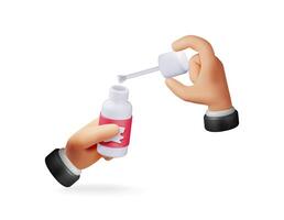 3D Plastic white bottle with stationery corrector in hands isolated. Render correction fluid in container with brush. Tools for education and work. Stationery and office supply vector