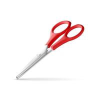 3D scissors with red plastic handles isolated on white. Render metal scissors icon. Stationery, office vector