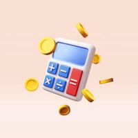3D modern calculator with golden coins isolated. Mathematics icon. Financial math device with money. Counting budget and savings vector