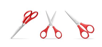 3D set of scissors with red plastic handles isolated on white. Render collection of metal scissors icon. Stationery, office or school supply vector