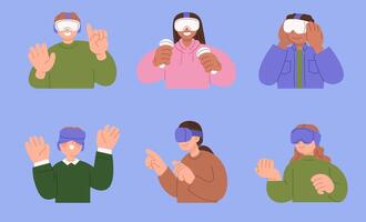 People using virtual reality headsets and controllers vector