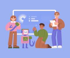 Students building and testing a robot vector