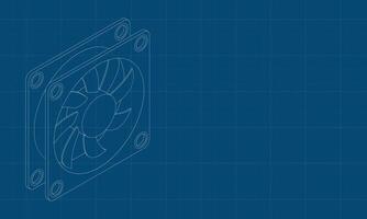 Isometric computer fan blueprint. Computer fan cooler. Isometric of PC case fan. Computer hardware components. illustration vector