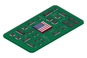 Isometric electronic board with USA flag. Isometric printed circuit board with electronic components. Electronic components and integrated circuit board, vector