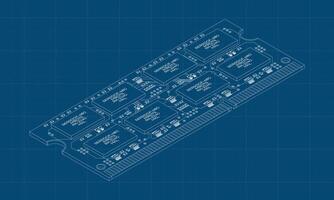 Isometric random access memory blueprint. RAM memory realistic 3d isometric. Computer hardware components. illustration. vector