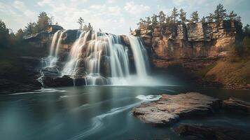 Waterfall captured with a smooth silky flow under a neutral sky showcasing long exposure landscape photography in a photorealistic style photo