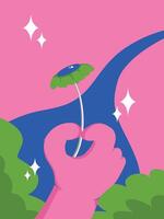 A vibrant hand holding a flower in a colorful and whimsical nature scene. vector