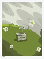 A whimsical illustration of flowers blooming in a field, with a device showing a happy flower vector